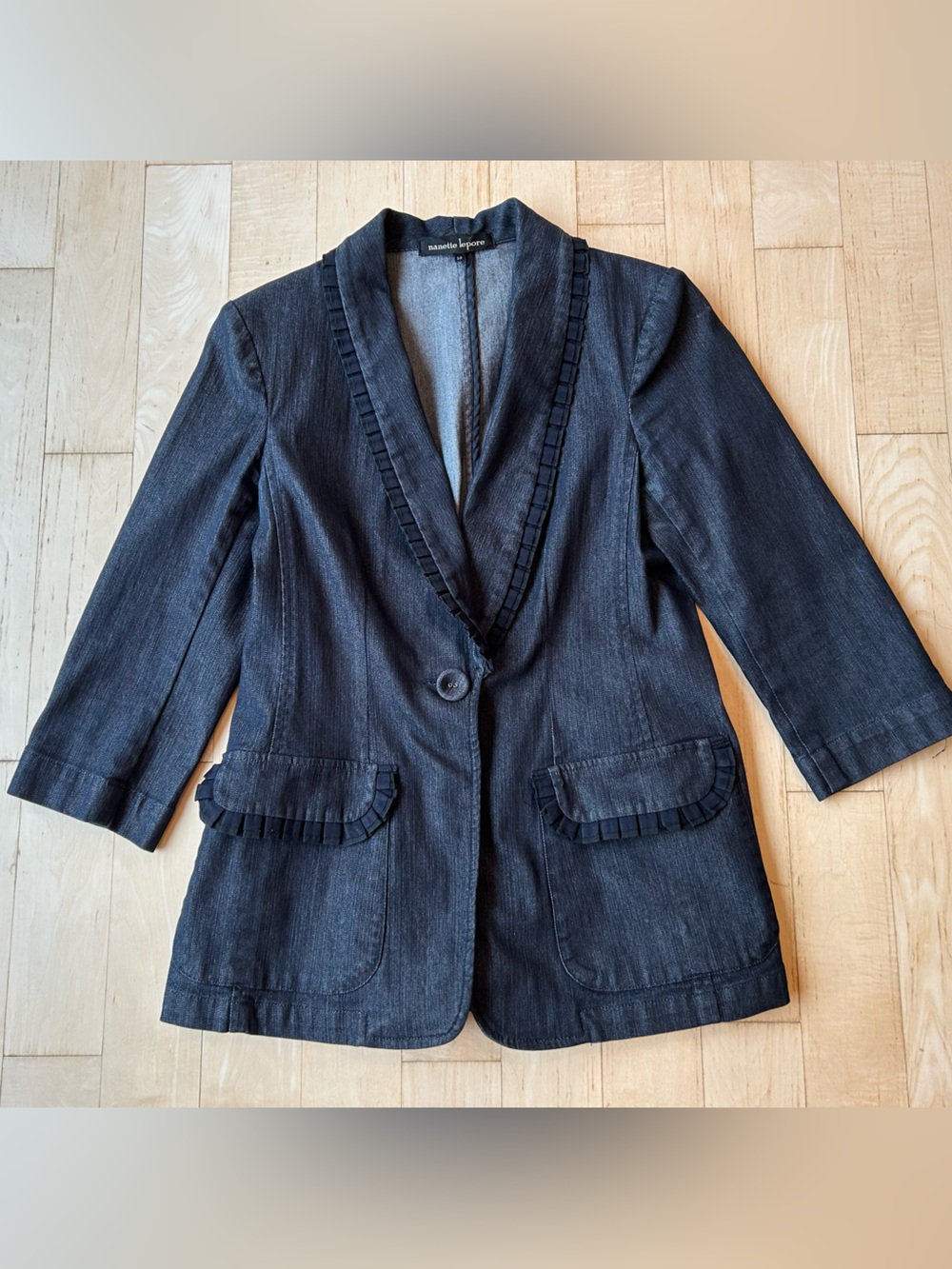 Nanette Lepore Dark Denim Ruffle Detail Denim Blazer Size 10